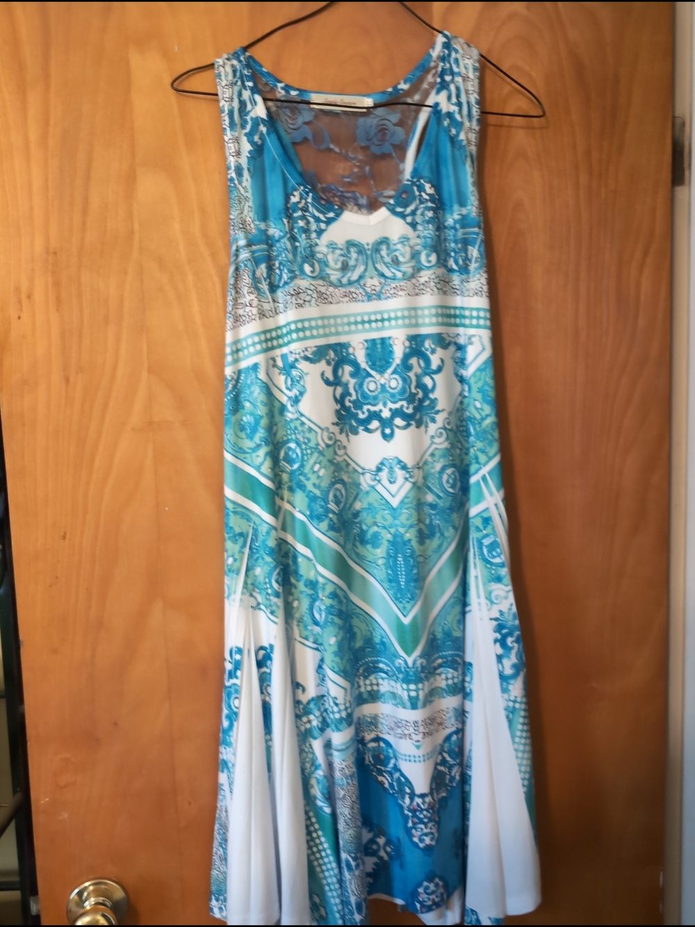 Simply Couture Teal Blue and White Printed Sleeveless Dress